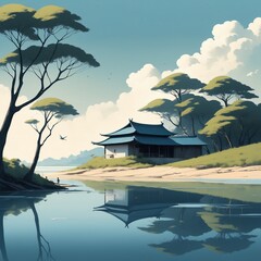 Obraz premium Serene Asian Countryside with Reflecting Lake