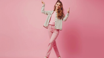 cheerful young woman in a smart casual outfit, standing alone against a light pink background. 