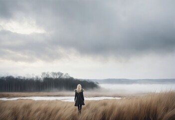 Contemplative Female Figure Amidst Misty Fields