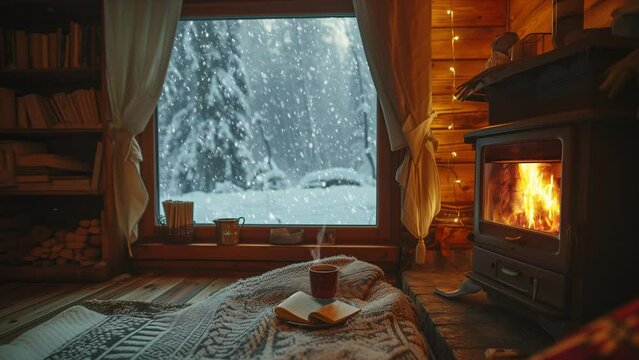 Winter Cabin Interior with Cozy Fireplace, Looped footage