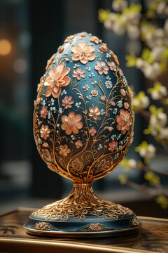 Elegance Embodied in Ornament: A Decorative Fabergé Style Egg Adorned with Floral Patterns. AI Generative.