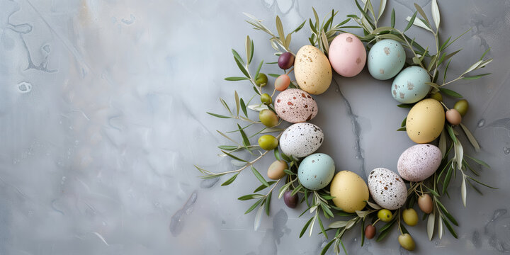 Olive Branches and Pastel Eggs: A Serene Easter Wreath Composition. AI Generative