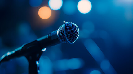 Microphone Elegance: Close-up on Stand with Stage Lighting Bokeh