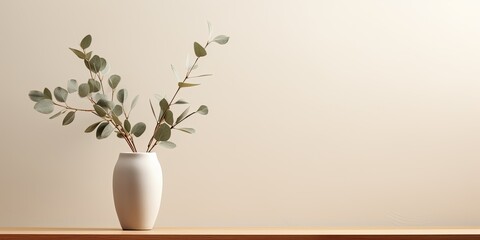 Minimalistic Scandinavian interior with a eucalyptus branch in a stylish ceramic vase on a table, with blank space for text on the wall, against a Nordic beige background.