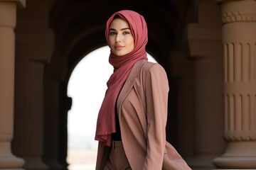 Naklejka premium portrait of arab muslim woman wearing hijab visiting the sacred city of Mecca or Medina