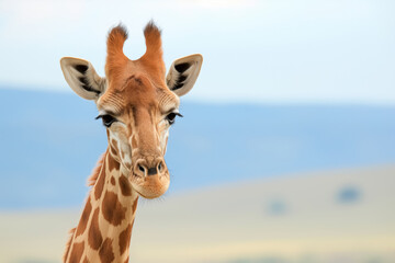 Naklejka premium Headshot of a giraffe with a savannah and blue sky background.