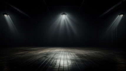 Empty dark room with wooden floor and lamp on top. Generated by artificial intelligence
