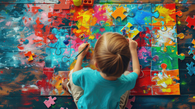 A boy paints puzzles sitting on the floor. a kid with autism spectrum disorder learns to draw.