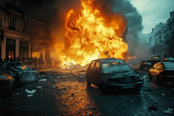 After the explosion of a car bomb, buildings and vehicles burn in the street.