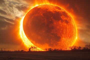 A spectacular lunar eclipse, the sun hides behind the giant moon.