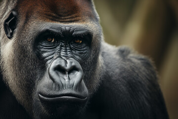 Obraz premium Intense close-up of a silverback gorilla's face with a thoughtful expression.
