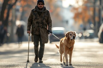 A blind person, guided by his dog down a street. - obrazy, fototapety, plakaty