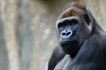Fototapeta premium A reflective gorilla looking off to the side with a blurred rock background.