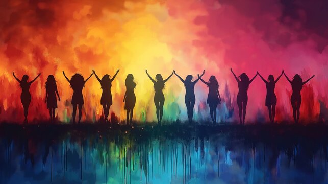 Watercolor, silhouette of several women proudly celebrating international women's day.