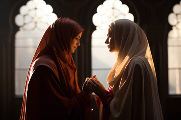 mother Mary or virgin Mary praying and blessing a woman at a church - obrazy, fototapety, plakaty