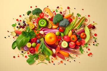 Composition of multicolored fresh vegetables and fruit. Concept of reducetarianism, climate diet, vegetarianism