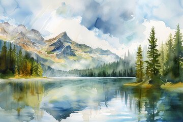 A watercolor painting of a serene mountain landscape with trees, a lake, and clouds.