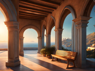Rustic Charm: Wooden Bench Enhancing the Entryway with Arched Door