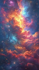 Vivid rainbow cosmic clouds with glowing particles. Mystical sparkling heaven. Ethereal nebula. Abstract beautiful sky. Concept of surreal cloudscape, fantasy art, mystery and miracle. Vertical format