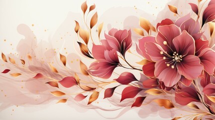 Delicate floral art with pink blooms and gold leaves. Abstract watercolor background. Copy space. Concept of floral art, elegant wallpaper, minimalist design.