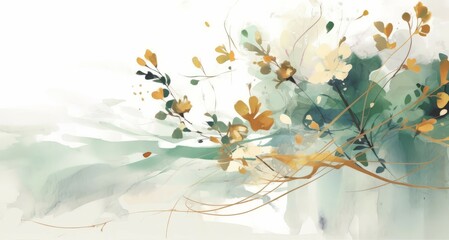 Botanical illustration with emerald leaves and golden flowers with splatters. Abstract watercolor background. Copy space. Concept of floral art, elegant wallpaper, minimalist design.