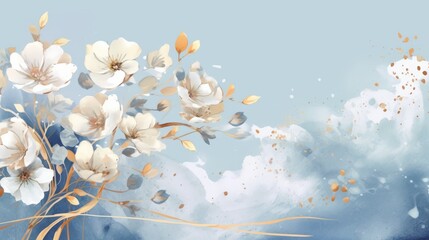 Pastel white flowers and golden leaves on soft blue background. Abstract watercolor background. Copy space. Concept of floral art, elegant wallpaper, minimalist design.