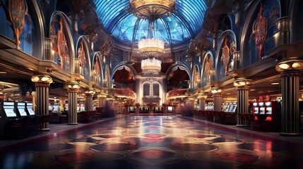 Fototapeta premium Casino interior with variety of slot machines and decorative lighting. Concept of luck, betting, nightlife, gambling, leisure, and excitement.