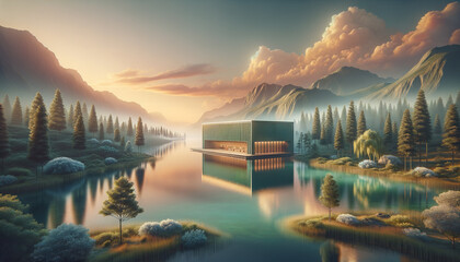 Serene data warehouse nestled in untouched natural landscape