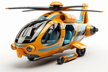 Futuristic orange toy helicopter isolated on a white background. Concept of kids friendly toys, aviation playthings, playful designs, and bright colors