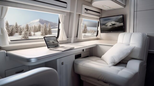 Modern camper van interior with a cozy interior and beautiful views of nature from the windows. Concept of mobile living, adventure travel, road trips, and nature-connected lifestyles.