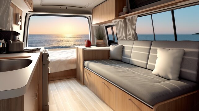 Warm and inviting RV inside, showcasing expansive views of a nature landscape. Concept of mobile living, adventure travel, road trips, and nature-connected lifestyles.