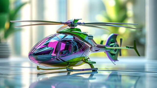 Futuristic green purple toy helicopter on blurred background. Concept of kids friendly toys, aviation playthings, playful designs, and bright colors