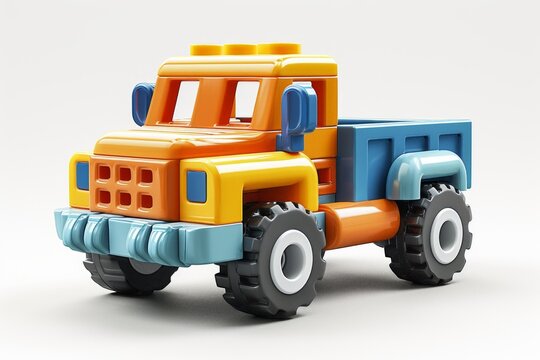 Colorful toy truck isolated on a white background. Side view. Cartoonish fantastic childrens car. Concept of kids toys, playful designs, transport-themed playthings, and bright colors.