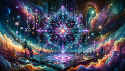 Enigmatic AI: Surreal neural network pulsating with cosmic energy and abstract elements