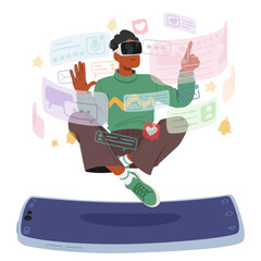 Man Browsing Augmented Reality Screens. Cutting-edge Device Merging Physical And Digital Worlds, Vector