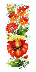 Composition with Ukrainian folk art of petrykivka red and yellow flowers