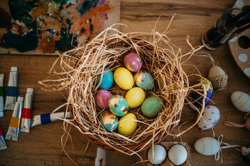 Easter eggs and decoration on the wooden table