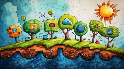 Whimsical Digital Landscape with App Icon Trees