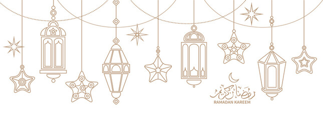 Ramadan greeting banner with traditional ancient lanterns (fanoos) and Arabic calligraphy. Text meaning: Ramadan Kareem. Vector illustration.