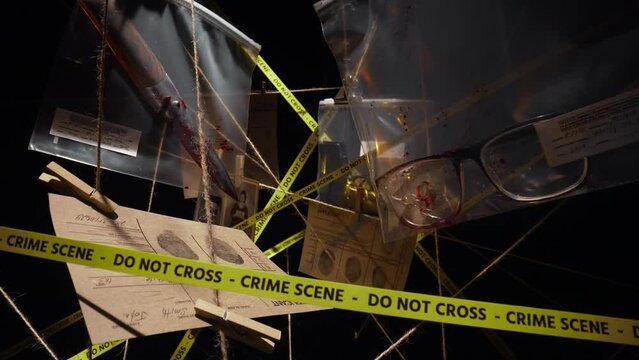 Crime scene investigation dolly camera flies through evidence collected on murder hanging on interweaving threads bloody knife and glasses in transparent bags. Perfect for crime documentaries intros