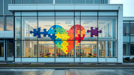 A large heart made of bright puzzles on outer glass wall of special professional educational institution for the care of children with autism syndrome. - obrazy, fototapety, plakaty