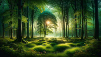 Green forest with sun rays