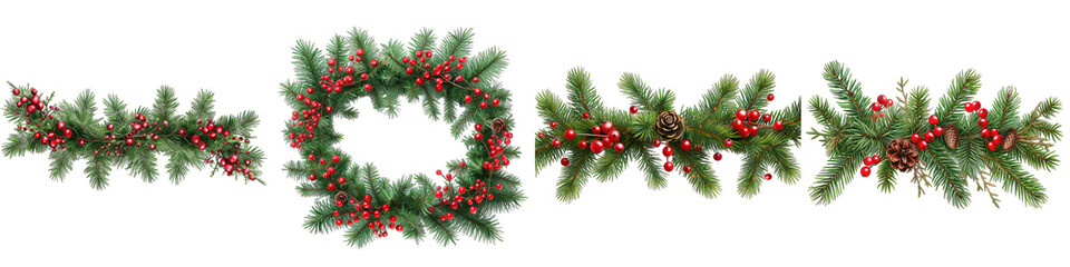 Fototapeta na wymiar wide garland of Christmas tree branches and red berries Hyperrealistic Highly Detailed Isolated On Transparent Background Png File