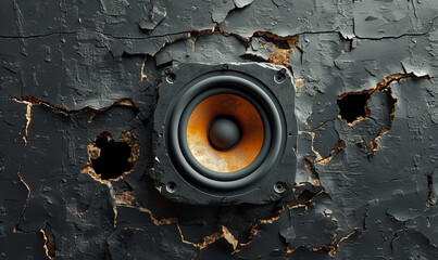 Loudspeaker on a black wall cracked 3D abstract music banner background.