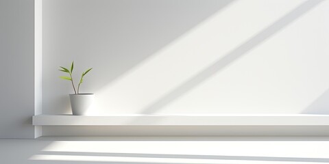 Minimalistic abstract interior fragment, featuring corners, shadows, and architectural elements in a white color scheme.