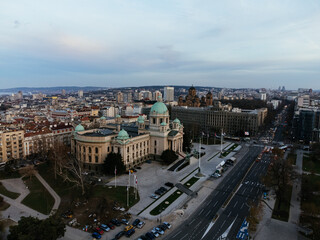 Drone view of the National Assembly of the Serbia Republic. Europe.