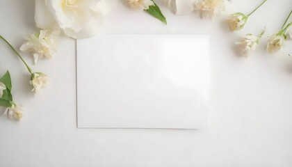Background white top view up photo floral day flower mock wedding bridal invite. White banner card background shower above bride blank top date template save border design mockup  generative ai