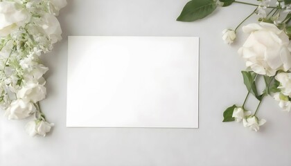 Background white top view up photo floral day flower mock wedding bridal invite. White banner card background shower above bride blank top date template save border design mockup  generative ai