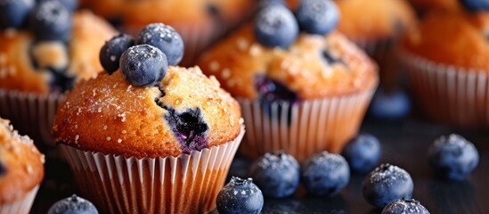 Deliciously Testy Blueberry Muffins: Close-Up Shot of Temptation - obrazy, fototapety, plakaty