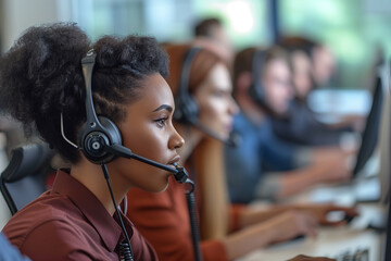 business people wearing headset working at call center. Large group of telephone workers or operators working in row at busy office